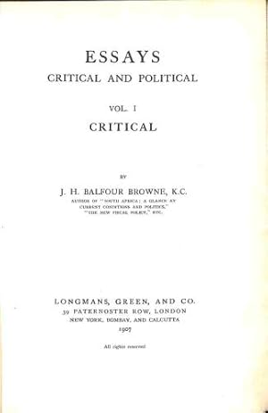 Image du vendeur pour Essays Critical and Political (2 volumes) mis en vente par WeBuyBooks