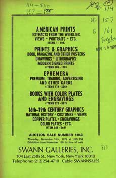 Image du vendeur pour American Prints, Prints & Graphics, Ephemera, Books With Color Plates And Engravings, 16th-19th Century Graphics, lot #s 1-393, sale # 1043; sale date November 18, 1976 mis en vente par Wittenborn Art Books