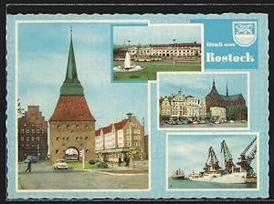 Ansichtskarte Rostock, Steintor, Bahnhof, Ernst-Thälmann-Platz, Überseehafen