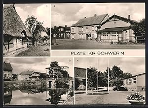 Ansichtskarte Plate /Kr. Schwerin, Sarnow-Haus, HO-Gaststätte Störkrug, am Störkanal, Polytechnis...