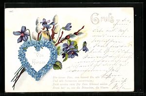 Glitzer-Perl-Ansichtskarte Herz aus Vergissmeinnicht, Blumen