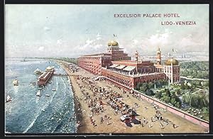 Cartolina Venezia-Lido, Excelsior Palace Hotel, Strandpartie mit Seebrücke aus der Vogelschau