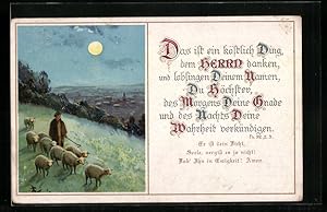 Ansichtskarte Schäfer mit Schafen, daneben ein Sinnspruch