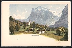Künstler-Ansichtskarte Grindelwald, Teilansicht mit Kirche und Gebirge