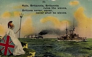 Ansichtskarte / Postkarte Britische Kriegsschiffe, Britische Marine, Kriegerin mit Schutzschild u...