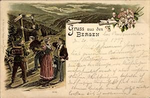 Litho Gruß aus den Bergen, Wetterbericht, Wegweiser, Wanderer - Bahnpoststempel Müllheim-Badenwei...