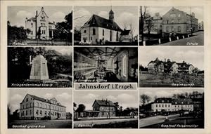 Seller image for Ansichtskarte / Postkarte Jahnsdorf im Erzgebirge, Schule, Bezirksstift, Gasthof Felsenkeller, Bahnhof, Rathaus for sale by akpool GmbH