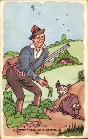 Künstler Ansichtskarte / Postkarte Jäger will Hase mit einer Möhre aus dem Bau locken