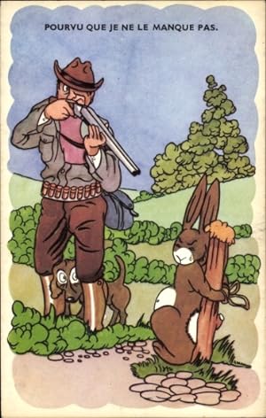 Künstler Ansichtskarte / Postkarte Jäger zielt auf einen gefesselten Hasen
