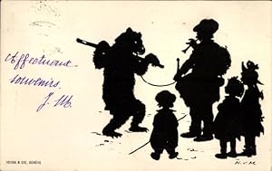 Scherenschnitt Künstler Ansichtskarte / Postkarte Tanzbär, Mann spielt Flöte, Kinder
