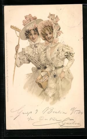 Künstler-Ansichtskarte Meissner, Buch (M und B) Nr.1065: Zwei Fräuleins mit Blumenkorb und Rechen...
