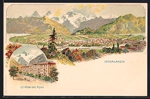 Lithographie Interlaken, Totalansicht aus der Vogelschau, Hotel des Alpes