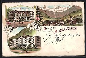 Lithographie Adelboden, Ortsansicht, Kurhaus und Hotel