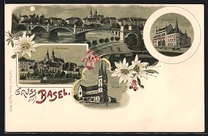 Lithographie Basel, Wettsteinbrücke, Postgebäude, Münster