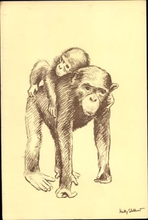 Künstler Ansichtskarte / Postkarte Edelkoort, H., Schimpansen, Affen, Jungtier