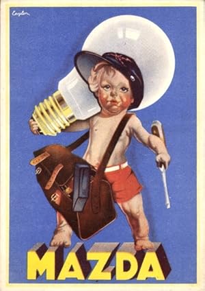 Ansichtskarte / Postkarte Reklame Mazda, Junge mit Schraubenzieher und Glühbirne