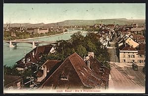 Ansichtskarte Basel, Strassenpartie und die 3 Rheinbrücken