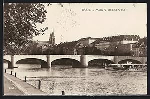 Ansichtskarte Basel, Mittlere Rheinbrücke mit Kirche
