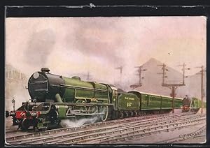 Künstler-Postcard London Express leaving Brighton Station, Engine: Lord Nelson class