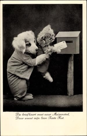 Ansichtskarte / Postkarte Vermenschlichte Katze und Hund werfen einen Brief in den Briefkasten