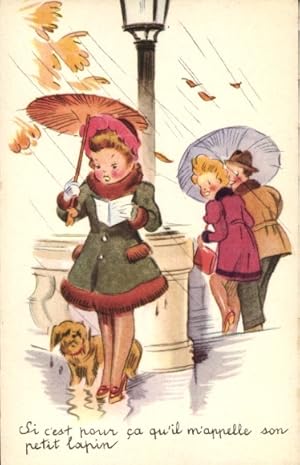 Künstler Ansichtskarte / Postkarte Frau mit Hund und Regenschirm