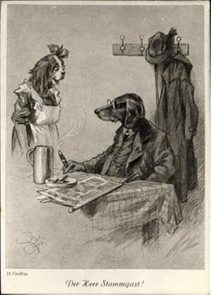 Künstler Ansichtskarte / Postkarte Geilfus, H., Herr Stammgast, Vermenschlichte Hunde, Zigarre, K...