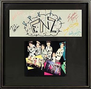 A unique display featuring a hand-painted diptych on tiles, signed by the members of Split Enz in...