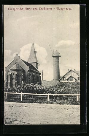 Ansichtskarte Wangerooge, Evangelische Kirche und Leuchtturm