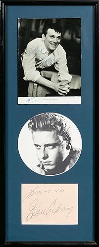 A framed display incorporating a signed publicity photograph of Gene Vincent, a small album leaf ...