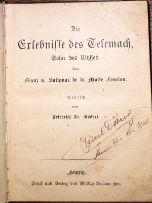 Bild des Verkufers fr Die Erlebnisse des Telemach, Sohn des Ulysses. Deutsch von Friedrich Fr. Rckert. zum Verkauf von Antiquariat Johann Forster