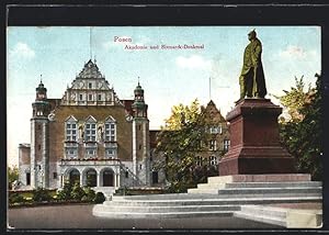 Ansichtskarte Posen / Poznan, Akademie und Bismarck-Denkmal im Abendlicht