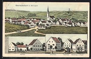 Künstler-Ansichtskarte sign. Hans Pernat: Oberlauterbach b. Wolnzach, Gesamtansicht, Pfarrhof, Sc...