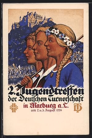 Künstler-Ansichtskarte Marburg a. L., 2. Jugendtreffen der deutschen Turnerschaft 1924, Bekränzte...