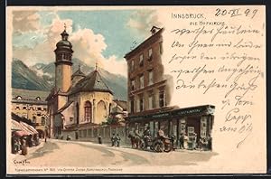Künstler-Ansichtskarte Edward Theodore Compton: Innsbruck, Strassenpartie mit Geschäft und Hofkirche
