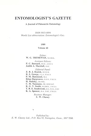 Entomologist's Gazette. Vol. 40 (1989), Index