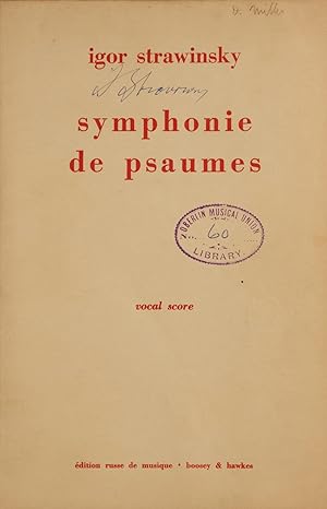 Bild des Verkufers fr Symphonie de Psaumes pour choeur mixte et orchestre. Rduction pour piano par son fils Sviatoslav. Partition pour Chant et Piano. Vocal Score. Nouvelle rvision 1948. New revision. $1.25 zum Verkauf von J & J LUBRANO MUSIC ANTIQUARIANS LLC