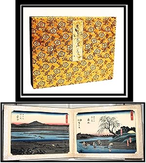 Accordion Book of Hiroshige Woodblock Prints in Silk Boards Stations with Kyoka Poetry