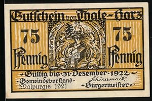 Notgeld Thale /Harz 1921, 75 Pfennig, Wilder Mann, Stadtwappen, Jäger