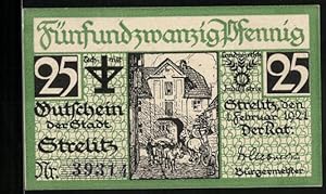 Notgeld Strelitz 1921, 25 Pfennig, Strassenpartie mit Torbogen