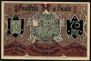 Notgeld Saalfeld /Saale 1921, 75 Pfennig, Burgansicht, Handelsverkehr über die alte Saalbrücke