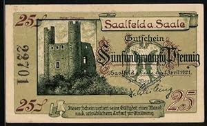 Bild des Verkufers fr Notgeld Saalfeld /Saale 1921, 25 Pfennig, Hoher Schwarm, Kitzerstein zum Verkauf von Bartko-Reher