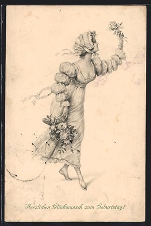 Künstler-Ansichtskarte M. Munk Nr. 505: Junge Frau mit einem Korb voll Rosen, Geburtstagskarte