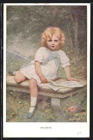 Künstler-Ansichtskarte M.Munk Nr. 880: Goldelse, blondes Mädchen liest ein Heft auf einer Bank