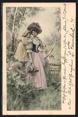 Künstler-Ansichtskarte M. Munk Nr. 295: Tochter kuschelt sich beim Blumenpflücken an ihre Mutter
