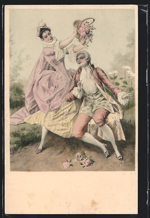 Künstler-Ansichtskarte M. Munk Nr. 323: Ehepaar in eleganter Kleidung auf einer Wiese