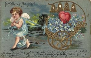 Präge Litho Glückwunsch Neujahr 1904, Engel, Vergissmeinnicht, Glocken, Herzen