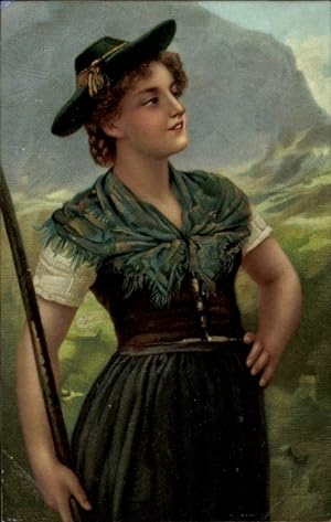 Ansichtskarte / Postkarte Junge Frau in Tracht, Gehstock, Hut