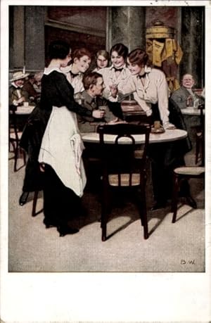 Künstler Ansichtskarte / Postkarte Wennerberg, Bruno, Stammgast, Soldat am Tisch, Kellnerinnen