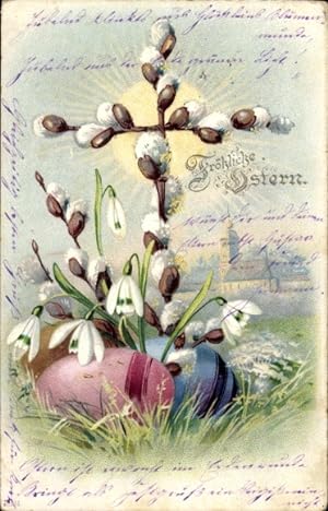 Litho Glückwunsch Ostern, Weidenkätzchen, Ostereier, Schneeglocken