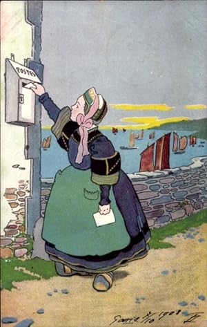 Ansichtskarte / Postkarte Frau in französischer Tracht wirf einen Brief in den Briefkasten